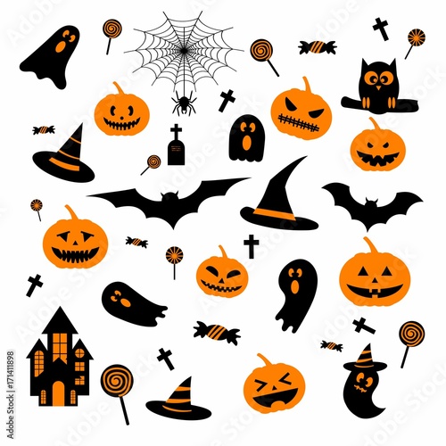 Happy Halloween design elements with ghost pumpkin, castle, bat, hat, spider web for greeting card, poster, banner, Vector illustration icon