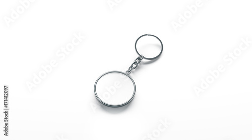 Blank metal round white key chain mock up side view, 3d rendering. Clear silver circular keychain design mockup isolated. Empty plain keyring souvenir holder template. Steel circle trinket label