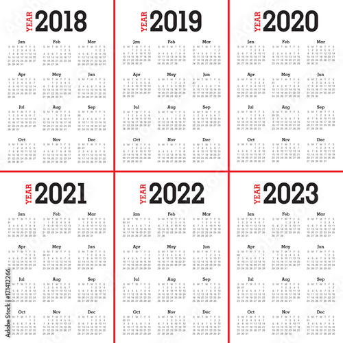 Year 2018 2019 2020 2021 2022 2023 calendar vector