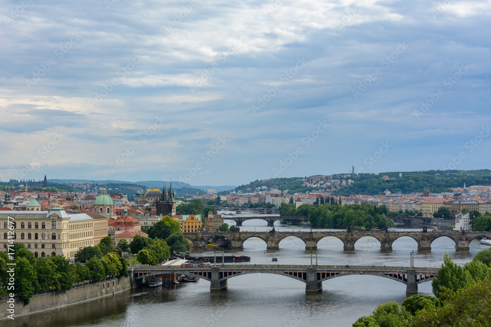 Aerial view of bridges across the Vltava in Prague. Czech Republic