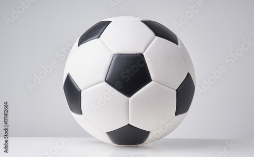 Soccer or football ball close up image on light grey background.