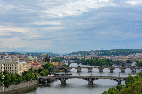 Aerial view of bridges across the Vltava in Prague. Czech Republic