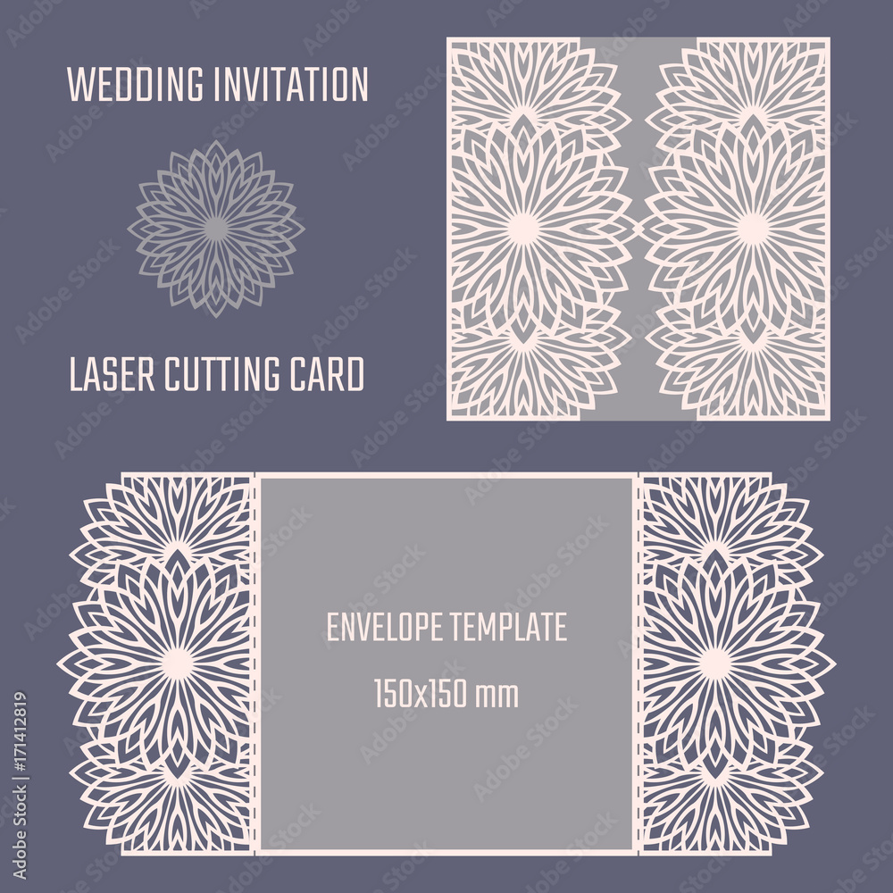 DIY laser cutting vector envelope. Wedding die cut invitation template