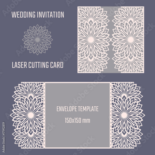 DIY laser cutting vector envelope. Wedding die cut invitation template. Cutout silhouette card. Scrapbook carved paperwork. Floral layout.