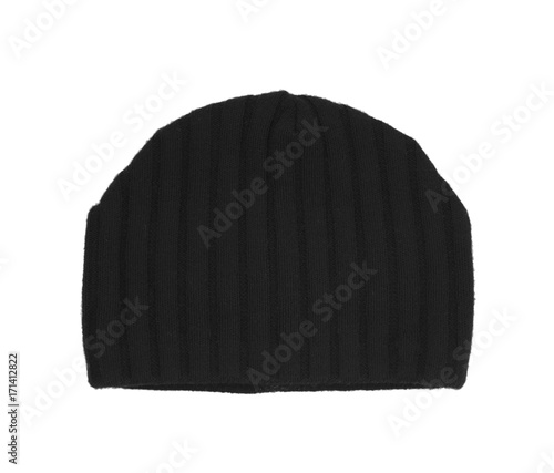 knitted wool cap isolated on white background. black hat .
