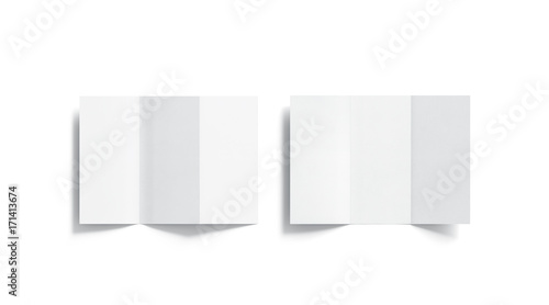 Blank white tri folded booklets mockups set, opened top view, 3d rendering. Plain trifold brochures mock ups set isolated. Book cover and three flier inside, copy space.