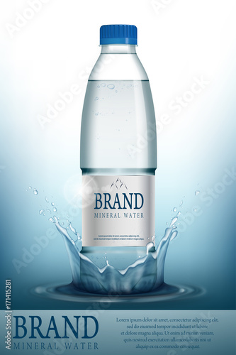 Mineral water realistic Bottle container mockup template. Transparent Drinking water Bottle with your brand for ads or magazine design. 3d vector illustration.