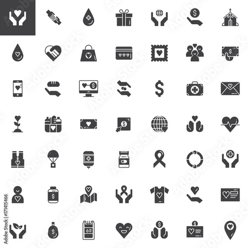 Donation vector icons set, modern solid symbol collection, filled pictogram pack. Signs, logo illustration. Set includes icons as Charity, Blood transfusion, Donors, First aid kit
