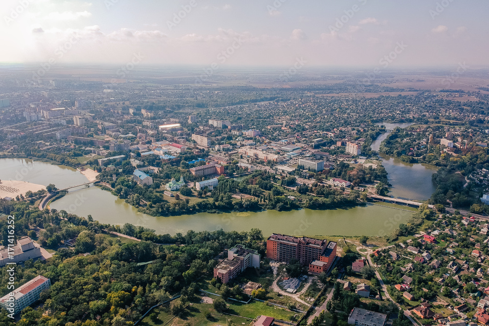 Aerial view on Mirgorod city, Ukraine. Old photo style