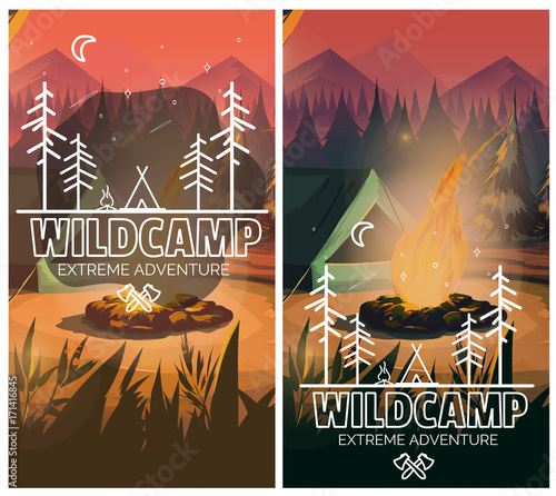 Camping vertical background poster with With tent, campfire , mountains and forest on background. Vector illustration