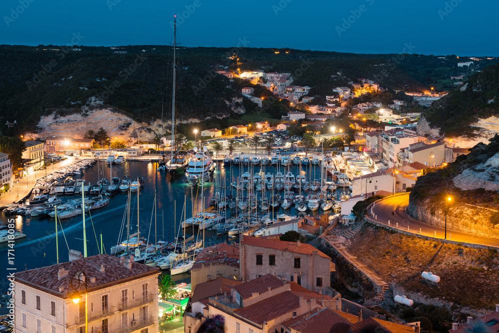 Fototapeta premium Marina at night, historic city of Bonifacio, Corsica island, France