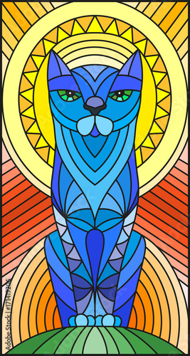 Illustration in stained glass style with abstract blue geometric cat