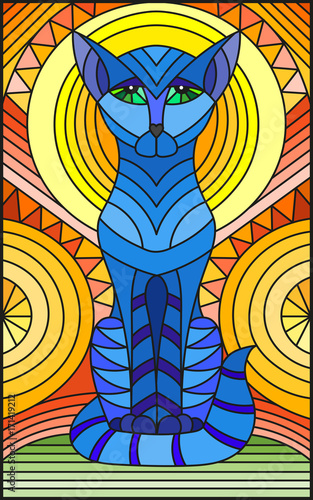 Illustration in stained glass style with abstract blue geometric cat