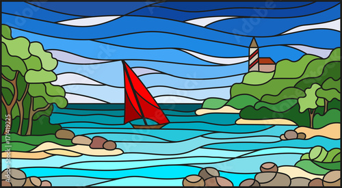 Stained glass illustration with sea views, sailing in rocky Bay on the background of sea and sun