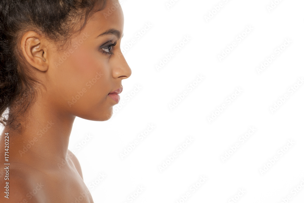 Profile of a beautiful young dark-skinned woman on a white background Profile of a beautiful young dark-skinned woman on a white background