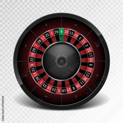 Realistic black casino roulette wheel isolated on transparent background. American gambling roulette wheel. Vector illustration.