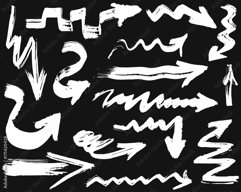 Big set with hand drawn watercolor white arrows on black background Big set with hand drawn watercolor white arrows on black background