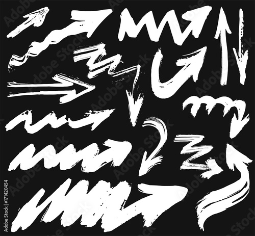 Big set with hand drawn watercolor white arrows on black background