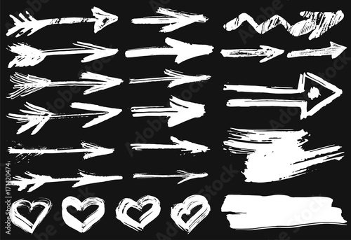 Big set with hand drawn watercolor white arrows, hearts on black background