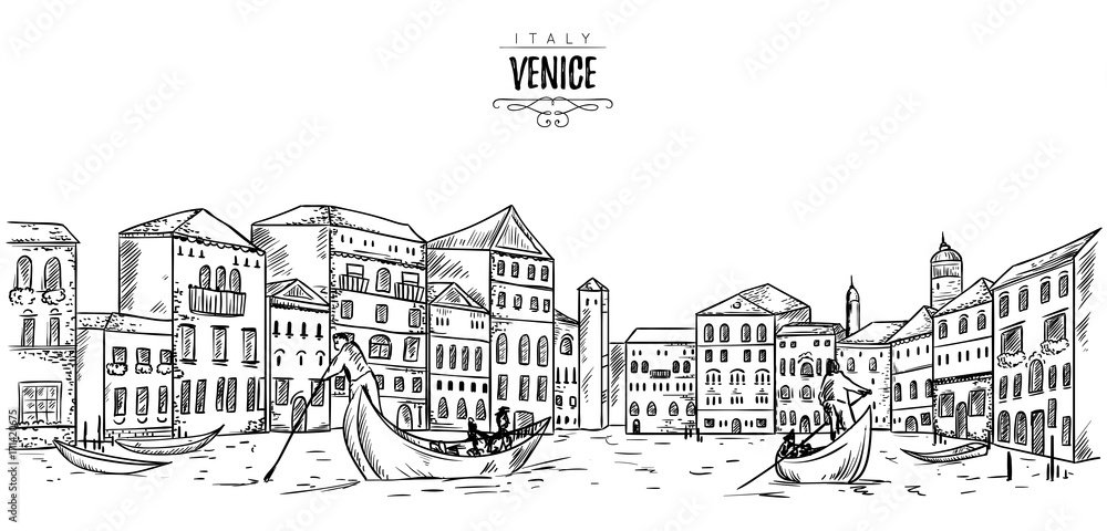 Fototapeta Wenecja. Pejzaż miejski z domami, kanałem i łodziami. Vintage ilustracji wektorowych w stylu szkicu