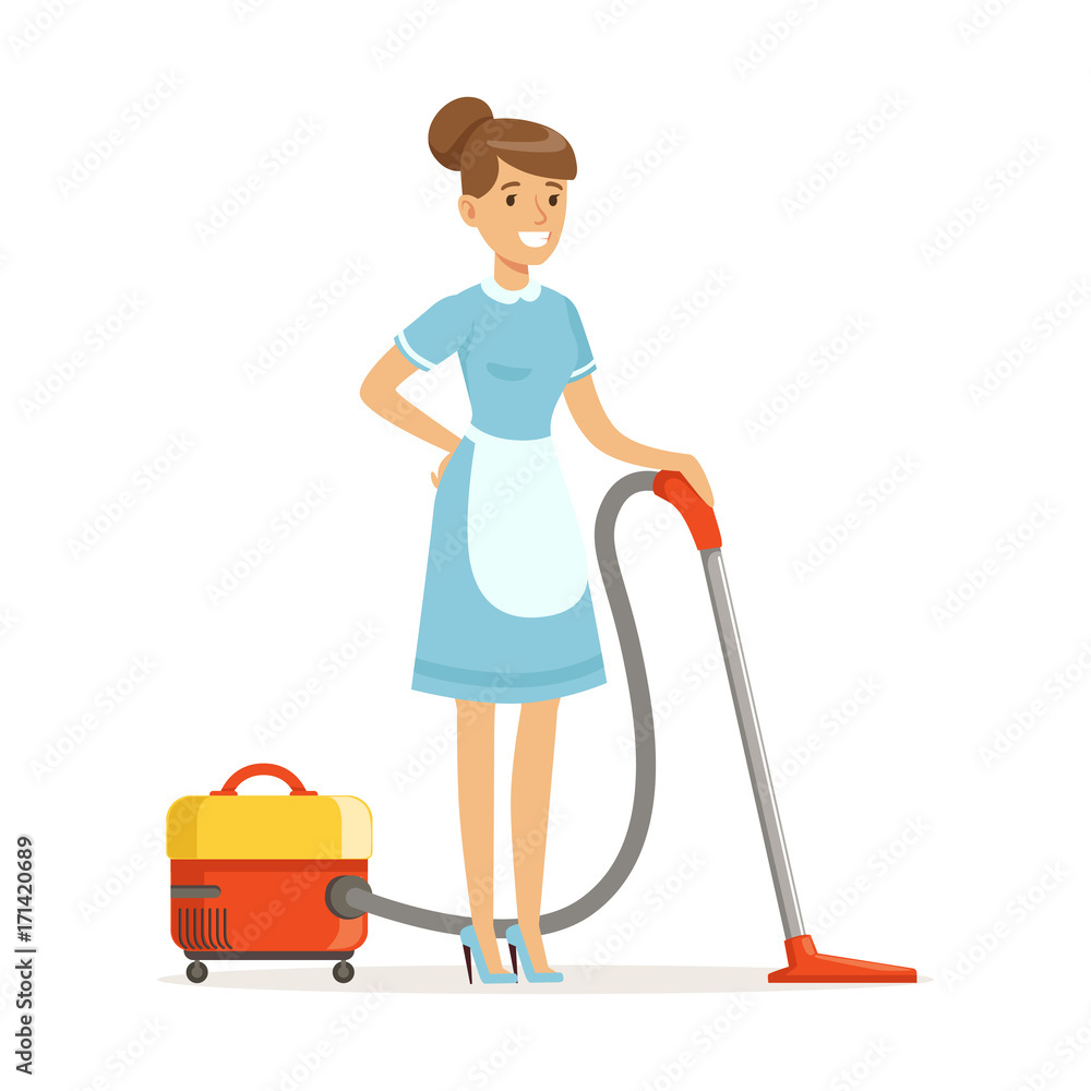 Smiling maid character wearing uniform with vacuum, cleaning service of hotel vector Illustration Smiling maid character wearing uniform with vacuum, cleaning service of hotel vector Illustration
