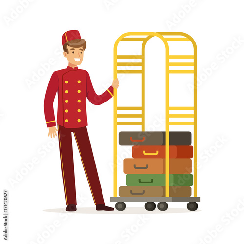 Smiling bellhop character wearing red double breasted uniform with luggage cart, hotel staff vector Illustration