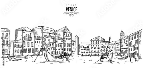 Venice. Cityscape with houses, canal and boats. Vintage vector illustration in sketch style
