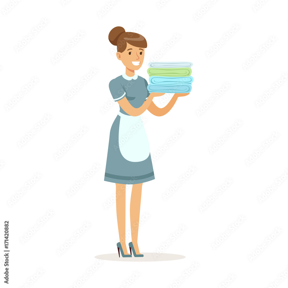 Smiling maid character wearing uniform holding a stack of clean towels, cleaning service of hotel vector Illustration Smiling maid character wearing uniform holding a stack of clean towels, cleaning service of hotel vector Illustration
