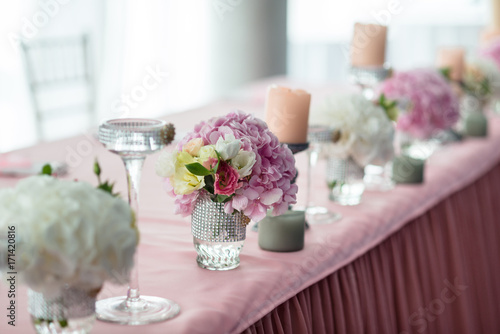 Wedding stylish decor elements in banquet hall closeup © illustrissima
