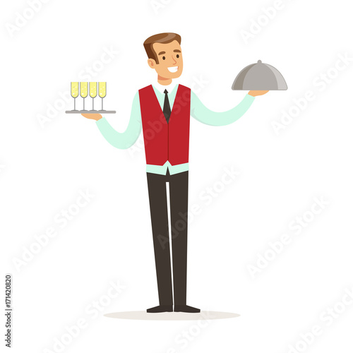 Smiling male waiter character holding tray with champagne and silver cloche, hotel service vector Illustration