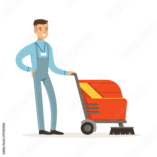 Young smiling janitor with washing machine cleaning and polishing floor vector Illustration