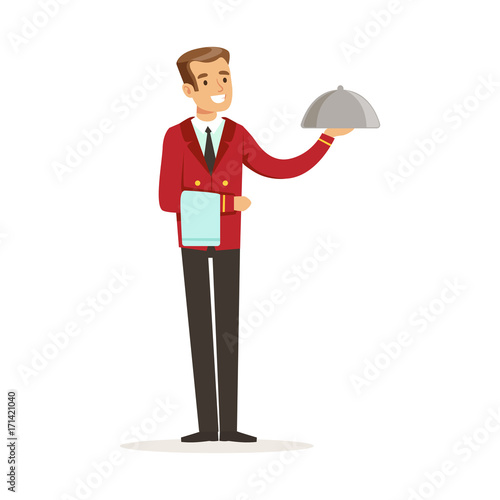 Smiling waiter character serving a meal under a silver cloche, hotel service vector Illustration