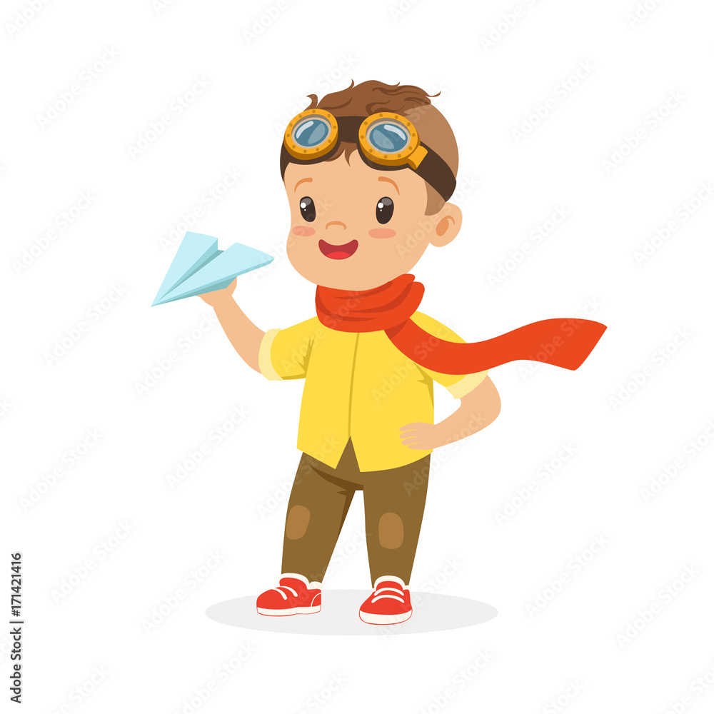 Cute little boy in pilot glasses playing with paper airplane vector Illustration Cute little boy in pilot glasses playing with paper airplane vector Illustration