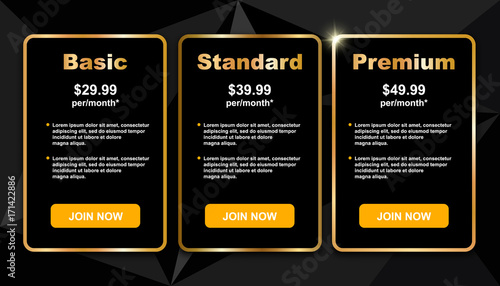 Tariff and prices template, vector illustration. Elegant black price list, gold frame, sparkle on geometric trendy triangles background. Package cost compare conceptual banner.