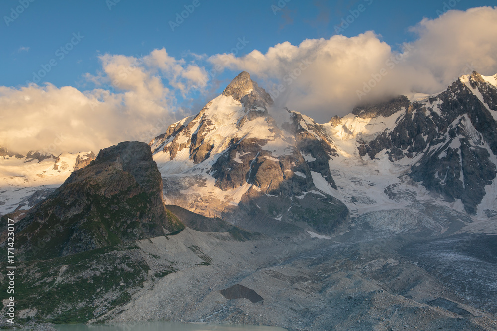 Russia, Republic of Kabardino-Balkaria, time lapse. Summer in the mountains of the Caucasus. Formation and movement of clouds over mountains peaks. Russia, Republic of Kabardino-Balkaria, time lapse. Summer in the mountains of the Caucasus. Formation and movement of clouds over mountains peaks.
