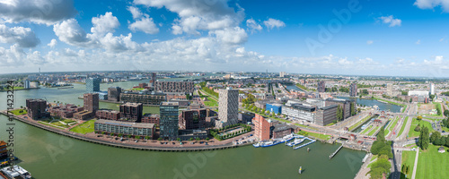 Aerial panoramic view of Rotterdam, The Netherlands, Holland. Rotterdam skyline with harbor. A major logistic and economic centre, Rotterdam is Europe's largest port and has a population of 633,471.