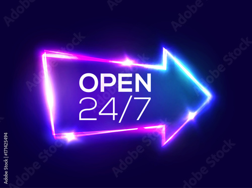 Open 24 7 Hours. Night Club Neon Sign. 3d Retro Light Bar Arrow Pointer With Neon Effect. Techno Frame On Dark Blue Backdrop. Electric Street Banner Design. Colorful Vector Illustration in 80s Style.