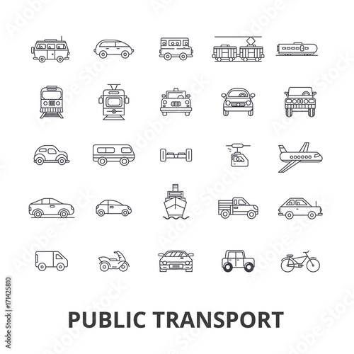 Public transport, transportation, subway, bus stop, traffic, taxi, city bus line icons. Editable strokes. Flat design vector illustration symbol concept. Linear signs isolated on white background