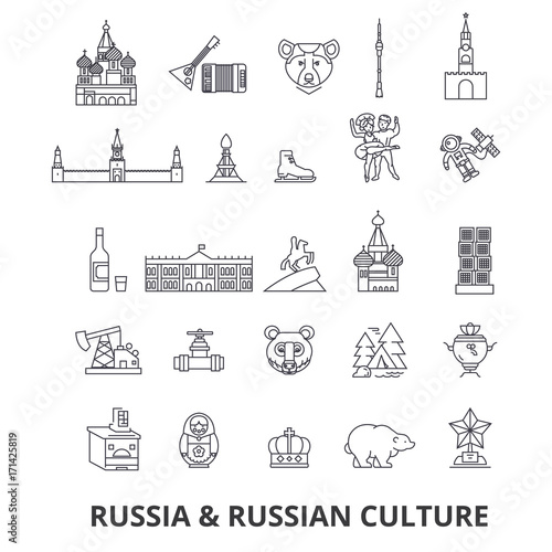Russia, moscow, map, russian flag, matryoshka, kremlin, ussr, st petersburg, sights line icons. Editable strokes. Flat design vector illustration symbol concept. Linear signs on white background