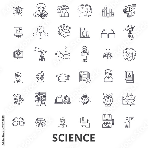 Science, technology, scientist, ab test, molecule, chemistry, dna, math, microscope line icons. Editable strokes. Flat design vector illustration symbol concept. Linear signs on white background