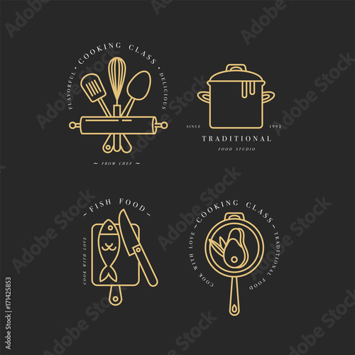 Cooking class linear design elements, kitchen emblems, symbols, icons or food studio labels and badges collection.