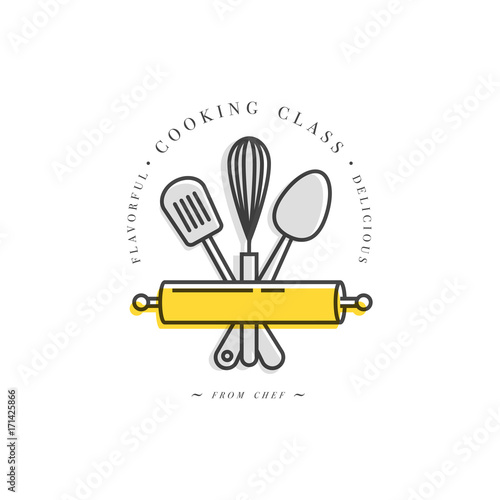 Cooking class linear design elements, kitchen emblems, symbols, icons or food studio labels and badges collection.