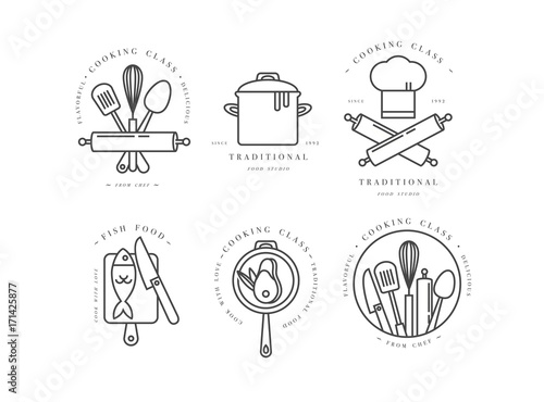 Cooking class linear design elements, kitchen emblems, symbols, icons or food studio labels and badges collection.