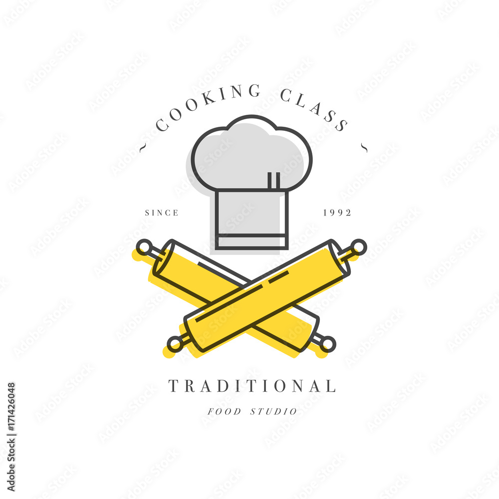 Cooking class linear design element, kitchen emblem, symbol, icon or food studio label. Cooking class linear design element, kitchen emblem, symbol, icon or food studio label.