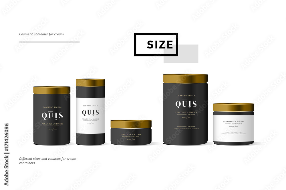 Set of realistic black cosmetic cream container for cream lotion. Mock up bottle. Gel, powder, balsam, with golden design label. Set of realistic black cosmetic cream container for cream lotion. Mock up bottle. Gel, powder, balsam, with golden design label.
