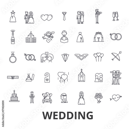 Wedding, invitation, bride, couple, rings, cake, groom, love, flowers, relations line icons. Editable strokes. Flat design vector illustration symbol concept. Linear signs isolated on white background