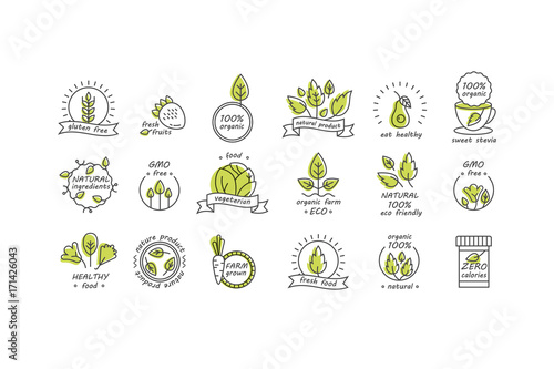 Vector set of organic products labels and badges - collection of different icons and illustrations related to fresh and healthy food
