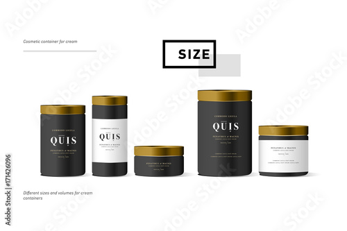 Set of realistic black cosmetic cream container for cream lotion. Mock up bottle. Gel, powder, balsam, with golden design label.