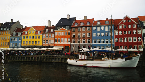Bright colorful houses on the waterfront Nyhavn Copenhagen in Denmark. Horizontal view