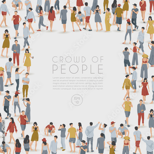 Crowd of People Standing in Square Shaped Frame on White Background : Vector Illustration